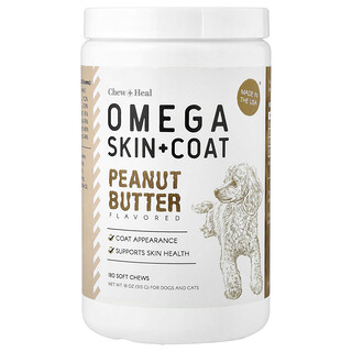 Chew + Heal, Omega Skin + Coat, Para perros y gatos, Mantequilla de maní, 180 comprimidos masticables blandos, 513 g (18 oz)