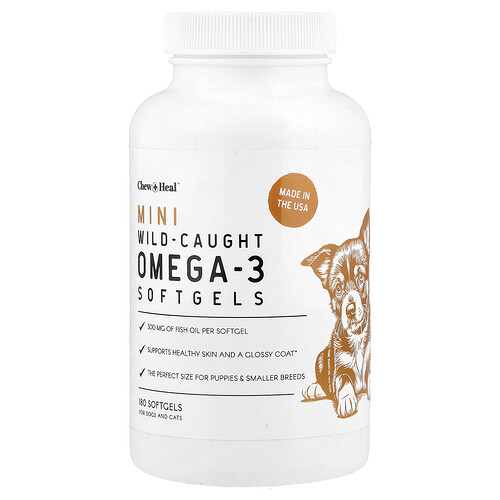 Chew + Heal, Mini capsule moi cu Omega-3 din sălbăticie, pentru câini și pisici, 180 de capsule moi