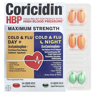 Coricidin HBP, 着凉和流感日夜配方，特强型，2 瓶，24 粒液体凝胶