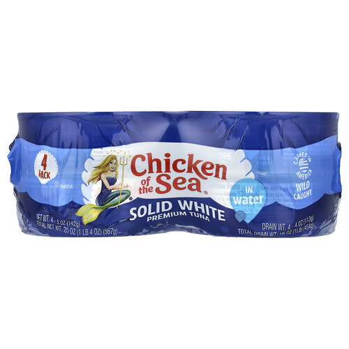 Chicken Of The Sea Wild Caught Solid White Premium Tuna in Water, 4 Pack, 5 oz (142 g) Each