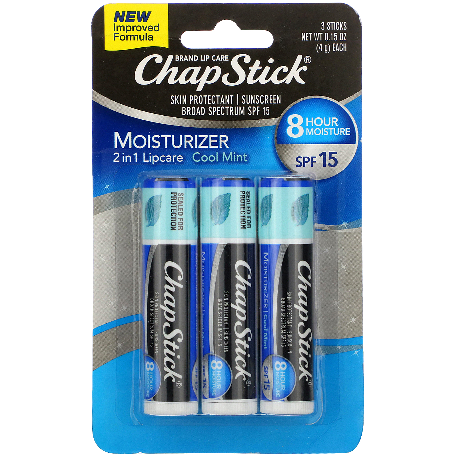 Chapstick, 2In1 Lip Care Skin Protectant, SPF 15, Cool Mint, 3 Sticks