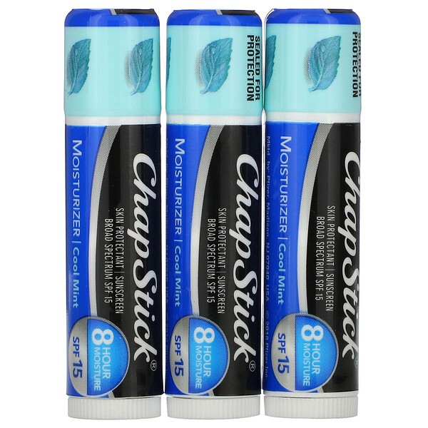 Chapstick‏, 2-In-1 Lip Care Skin Protectant, SPF 15, Cool Mint, 3 Sticks, 0.15 oz (4 g) Each