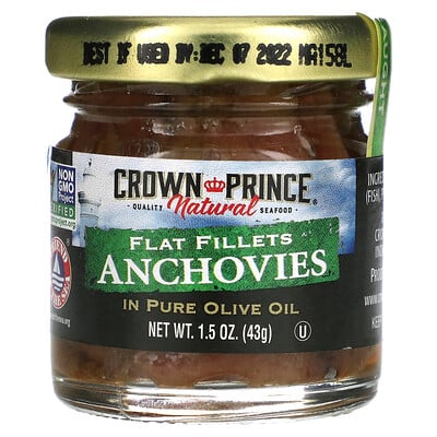 Crown Prince Natural анчоусы, плоское филе, в чистом оливковом масле, 43г (1,5унции)