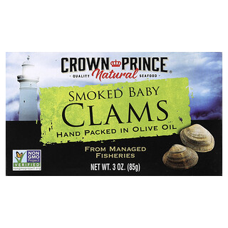 Crown Prince Natural, Smoked Baby Clams, in Olive Oil, 3 oz (85 g)