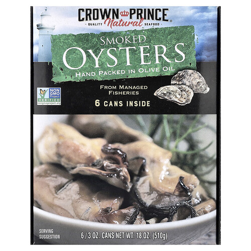 Crown Prince Natural, Smoked Oysters In Olive Oil, 6 Cans, 3 oz (85 g) Each