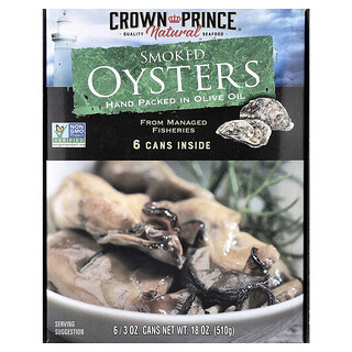 Crown Prince Natural, Ostras ahumadas en aceite de oliva, 6 latas, 85 g (3 oz) cada una