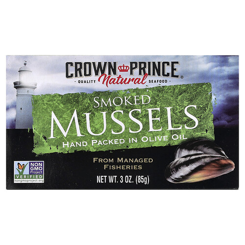 Crown Prince Natural, Smoked Mussels, In Olive Oil, 3 oz (85 g)