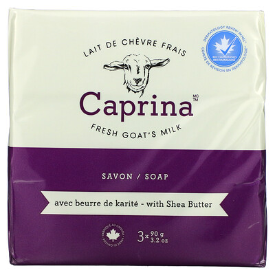 Caprina Fresh Goat's Milk, мыло, масло ши, 3 батончика, 90 г (3, 2 унции)  - купить со скидкой
