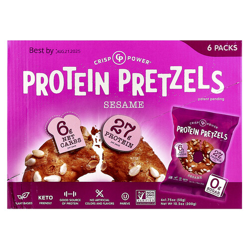 Crisp Power, Protein Pretzels, Sesame, 6 Bags, 1.75 oz (50 g) Each