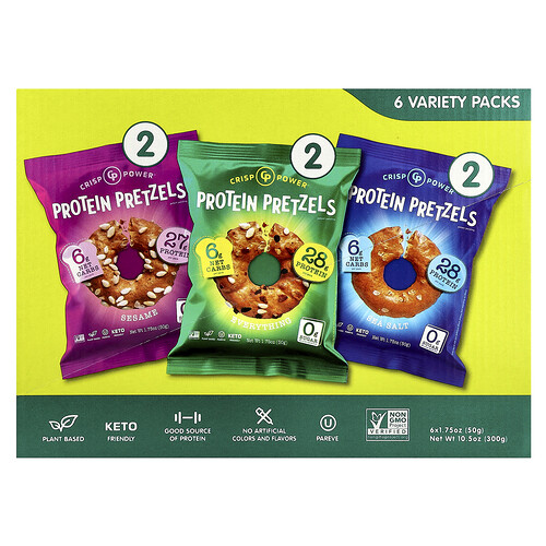Crisp Power Protein Pretzels, Variety Pack, 6 Bags, 1.75 oz (50 g) Each