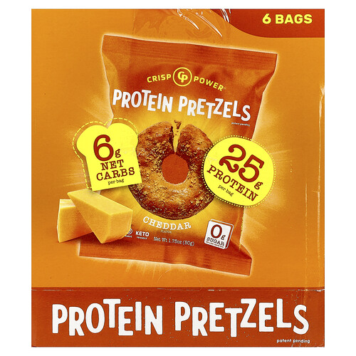 Crisp Power, Protein Pretzels, Cheddar, 6 Bags, 1.75 oz (50 g) Each