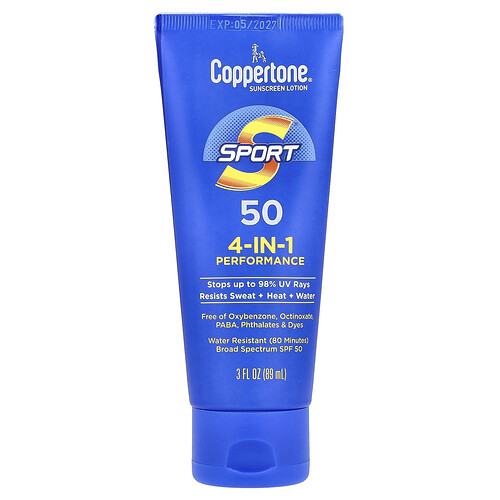 Coppertone, Sport, Sunscreen Lotion, 4-In-1 Performance, SPF 50, 3 fl oz (89 ml)