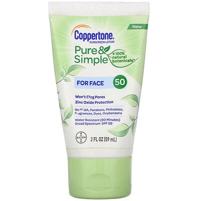 Coppertone Pure & Simple, Sunscreen Lotion, For Face, SPF 50, 2 fl oz (59 ml)