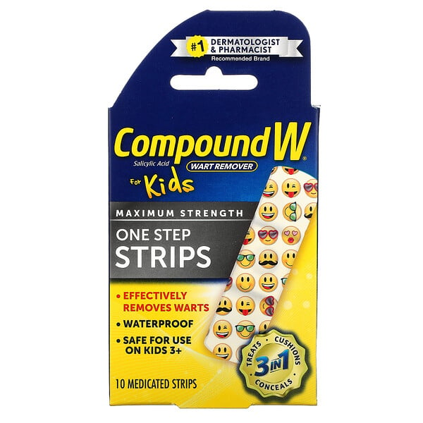 Compound W, Средство для удаления бородавок, One Step Strips, максимальная сила действия, для детей, от 3 лет, 10 лечебных полосок
