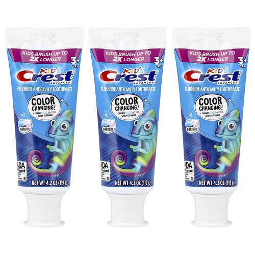 Crest, Kids Advanced, Fluoride Anticavity Toothpaste, Zahnpasta mit Fluorid gegen Karies, ab 3 Jahren, Kaugummi, 3 Tuben, je 119 g (4,2 oz.).