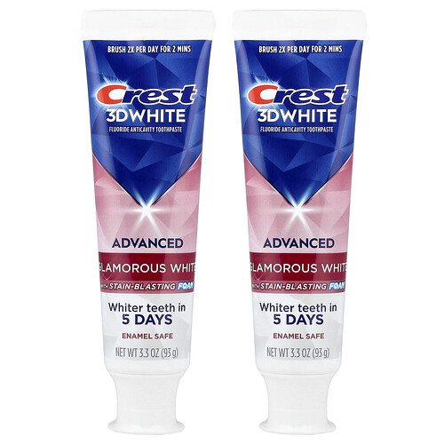 Crest 3D White, Fluoride Anticavity Toothpaste, Advanced, Glamorous White, 2 Tubes, 3.3 oz (93 g) Each