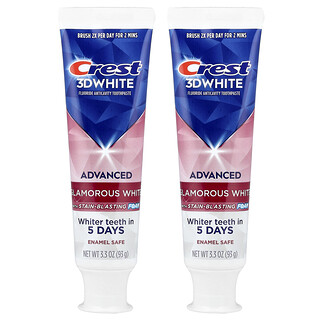Crest, 3D White, Pastă de dinți anticavită cu fluorură, Advanced, Glamorous White, 2 tuburi, 3,3 oz (93 g) fiecare