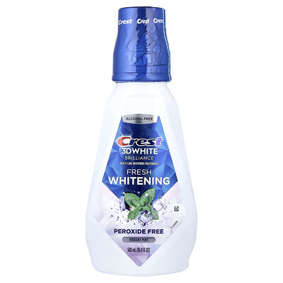 Crest, 3D White, Enjuague bucal blanqueador fresco Brilliance, Sin alcohol, Menta vibrante, 500 ml (16,9 oz. líq.)