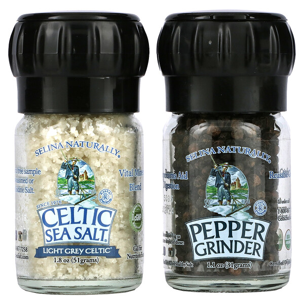 Celtic Sea Salt, Mini Mixed Grinder Set, Light Grey Celtic Salt & Pepper Grinder, 2.9 oz (82 g) 