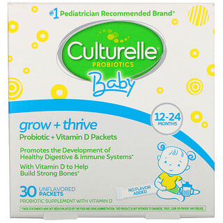 Culturelle, Probiotics، للأطفال، نمو + الازدهار، أكياس بروبيوتيك + فيتامين د، 12-24 شهرًا، غير منكه، 30 كيسًا فرديًا