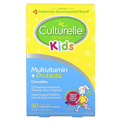 

Culturelle мультивитамины и пробиотики для детей от 3 лет, натуральный фруктовый пунш, 50 жевательных таблеток