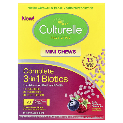 Culturelle Complete 3-in-1 Biotics, Mini Chews, Mixed Berry, 28 Single Serve Packets, 1.5 g (0.05 oz ) Each
