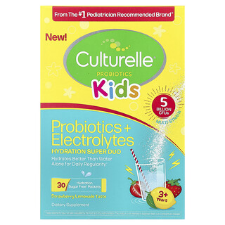 Culturelle, Enfants, Probiotiques + électrolytes, Hydration Super Duo, 3 ans et plus, Citronnade à la fraise, 30 sachets, 1,7 g pièce