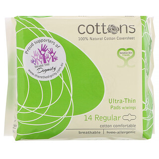 Cottons, فوط صحية رفيعة جدًا بالأجنحة ذات غطاء قطني طبيعي 100%، عادية، 14 فوطة