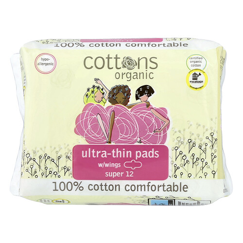 Cottons 100% Cotton Comfortable, Ultra-Thin Pads with Wings, Super, 12 Pads