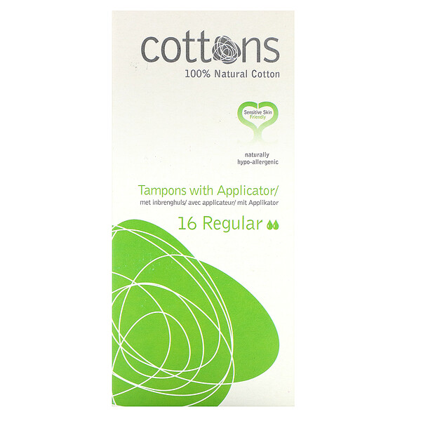 Cottons, 100% Natural Cotton,  Tampons with Applicator, Regular, 16 Tampons
