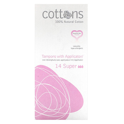 Купить Cottons 100% Natural Cotton, Tampons with Applicator, Super, 14 Tampons