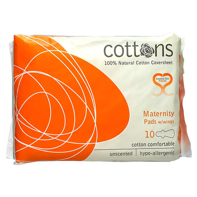 Cottons Ночные прокладки с крылышками, покрывающий слой из 100% чистого хлопка, для большого объема выделений, 10штук