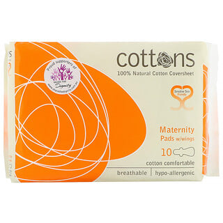 Cottons, Lámina de algodón 100 % natural, Toallitas femeninas con alas para maternidad, Flujo intenso, 10 toallitas