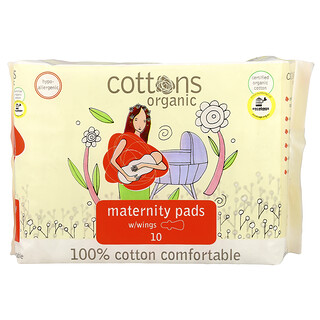 Cottons, %100 Pamuklu Rahat, Kanatlı Annelik Pedleri, Ağır, Kokusuz, 10 Ped