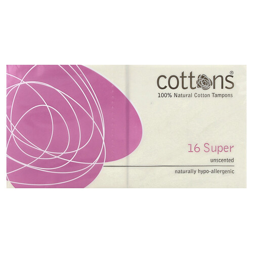 Cottons 100% Natural Cotton Tampons, Super, Unscented, 16 Tampons