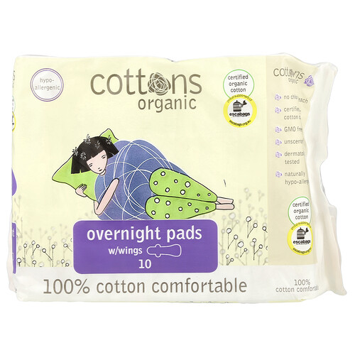 Cottons, Organic, Overnight Pads with Wings, Heavy, Unscented, 10 Pads