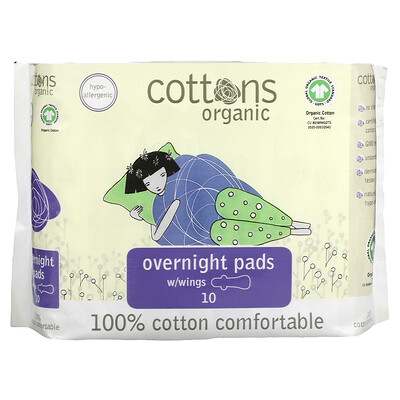 Купить Cottons Ночные прокладки с крылышками, покрывающий слой из 100% чистого хлопка, для большого объема выделений, 10 штук
