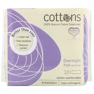 Cottons, 100% Natural Cotton Coversheet, Overnight Pads with Wings, Heavy, 10 Pads