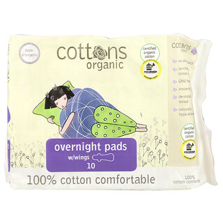 Cottons, Organik, Kanatlı Gecelik Pedler, Ağır, Kokusuz, 10 Ped