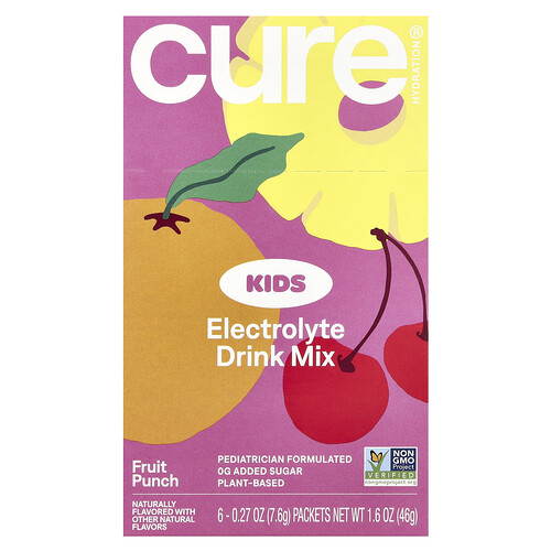 Cure Hydration, Kids, Electrolyte Drink Mix, Elektrolyt-Trinkmischung für Kinder, Fruchtpunsch, 6 Päckchen, je 7,6 g (0,27 oz.).