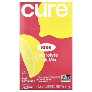 Cure Hydration, Kids, Electrolyte Drink Mix, Elektrolyt-Trinkmischung für Kinder, pinke Limonade, 6 Päckchen, je 7,3 g (0,26 oz.).