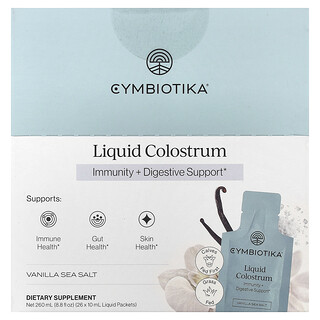 Cymbiotika, Liquid Colostrum, flüssiges Kolostrum, Vanille-Meersalz, 26 Flüssigkeitspäckchen, je 10 ml (0,3 fl. oz.).