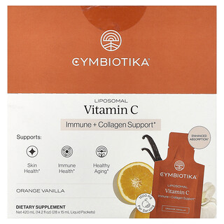 Cymbiotika, Liposomal Vitamin C, liposomales Vitamin C, Orange-Vanille, 28 Päckchen, je 15 ml (0,5 fl. oz.).