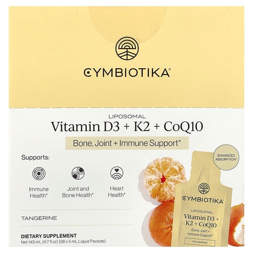 Cymbiotika, Liposomal Vitamin D3 + K2 + CoQ10, liposomales Vitamin D3 + K2 + CoQ10, Mandarine, 28 Flüssigpäckchen, je 5 ml (0,17 fl. oz.).