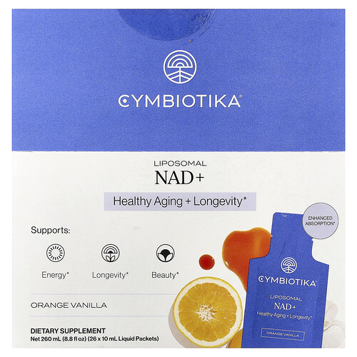 Cymbiotika, Liposomal NAD+, Liposomal NAD+, Orange-Vanille, 26 Flüssigkeitspäckchen, je 10 ml (0,34 fl. oz.).