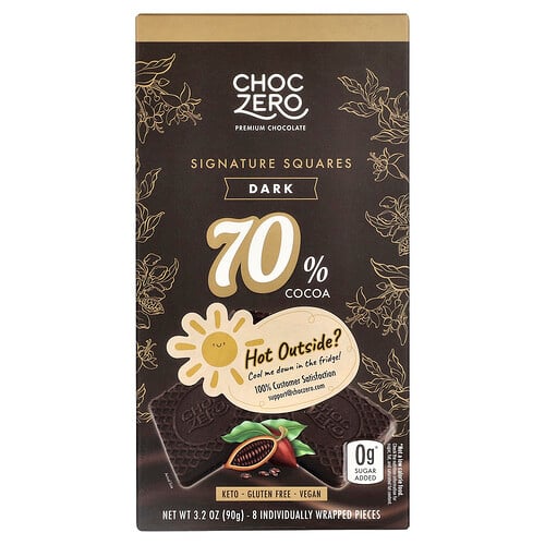 ChocZero, Signature Squares, Dark Chocolate, 70% Cocoa, 8 Individually Wrapped Pieces, 3.2 oz (90 g)