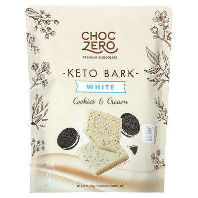 

ChocZero, Keto Bark, White Chocolate, Cookies & Cream, 15 Mini Packs, 6 oz (170 g)