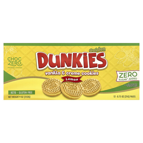 Choczero Premium Cookies, Golden Dunkies, Vanilla & Creme Cookies, Lemon, 12 Packs, 0.75 oz (21 g) Each