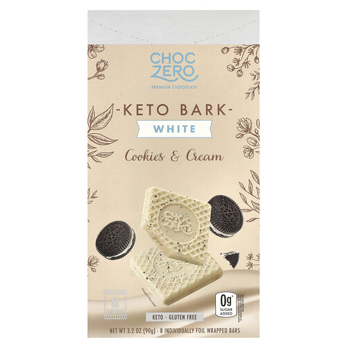 ChocZero, Keto Bark, White Chocolate, Cookies & Cream, 8 Mini Bars, 3.2 oz (90 g)