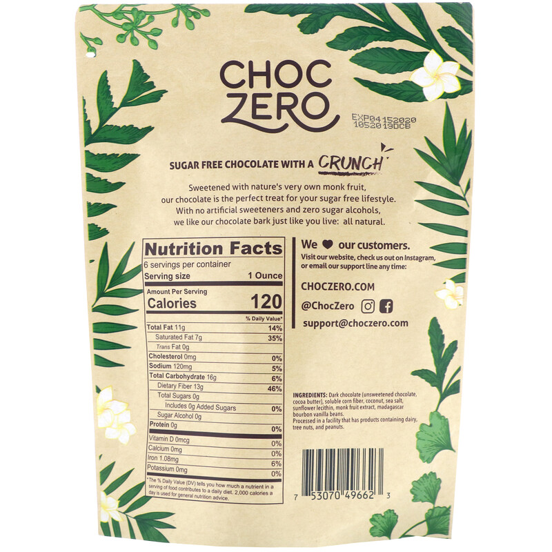 Choczero Dark Chocolate With Sea Salt Keto Bark Coconut Sugar Free 6 Bars 1 Oz Each Iherb